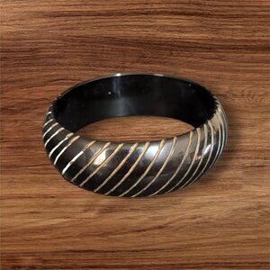 Vintage Carved Black Bakelite Bangle Bracelet 2.5x1" Estate Jewelry Bold Stripes